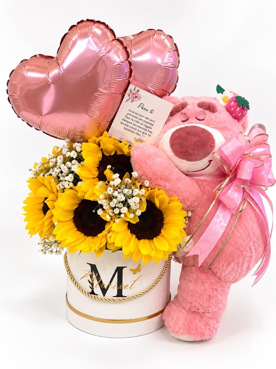 Caja Xiomara con girasoles, globos y peluche